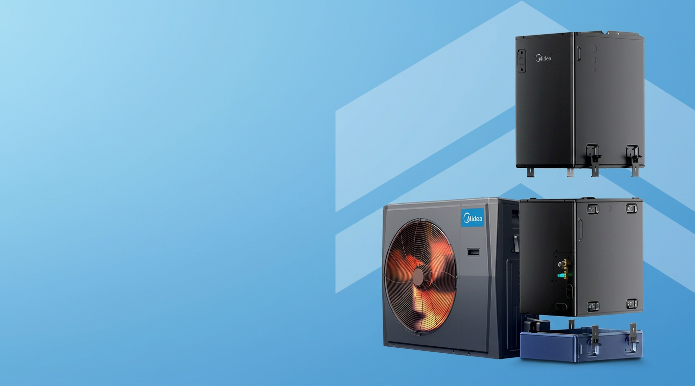 The Midea EVOX G3 heat pump outdoor unit and modular air handler components