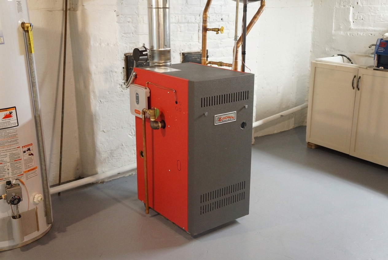 High-efficiency boiler installation in a Massachusetts basement